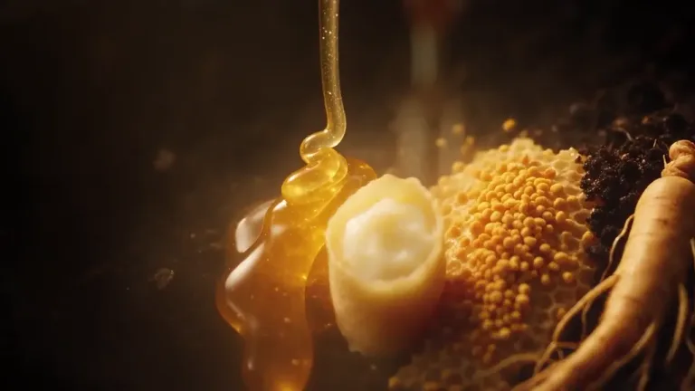 Honey, royal jelly, bee pollen and a ginseng root on a dark table, the first frame of the Royal Honey VIP film