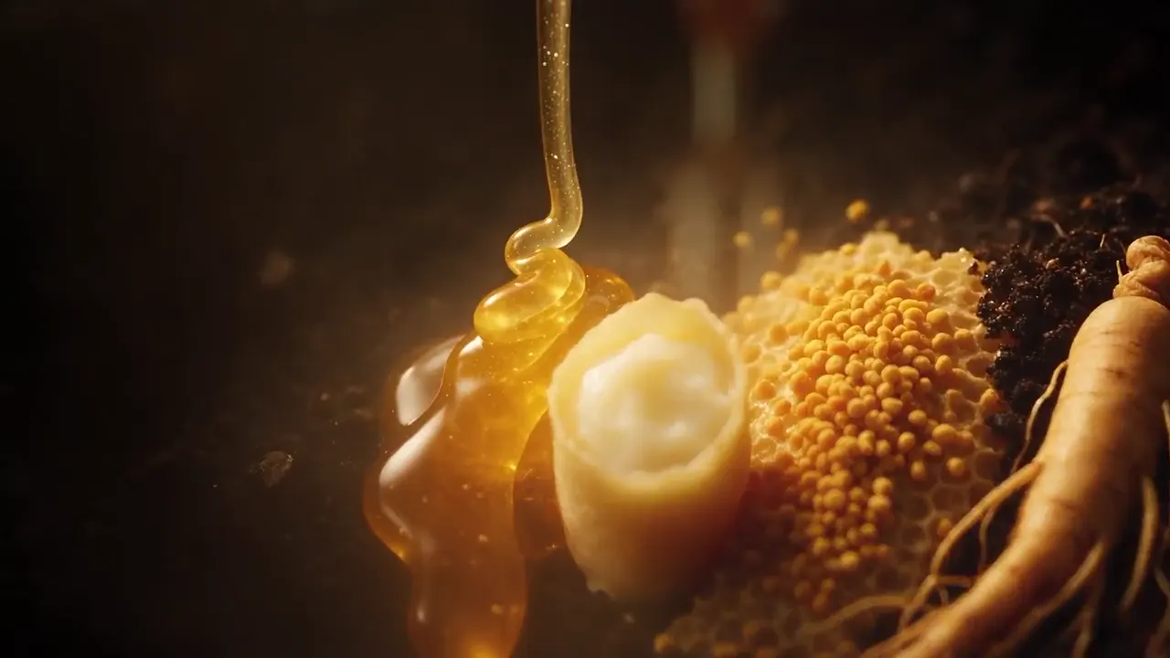 Honey, royal jelly, bee pollen and a ginseng root on a dark table, the first frame of the Royal Honey VIP film