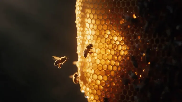 Golden honeycomb glowing at sunset with honeybees in the warm light