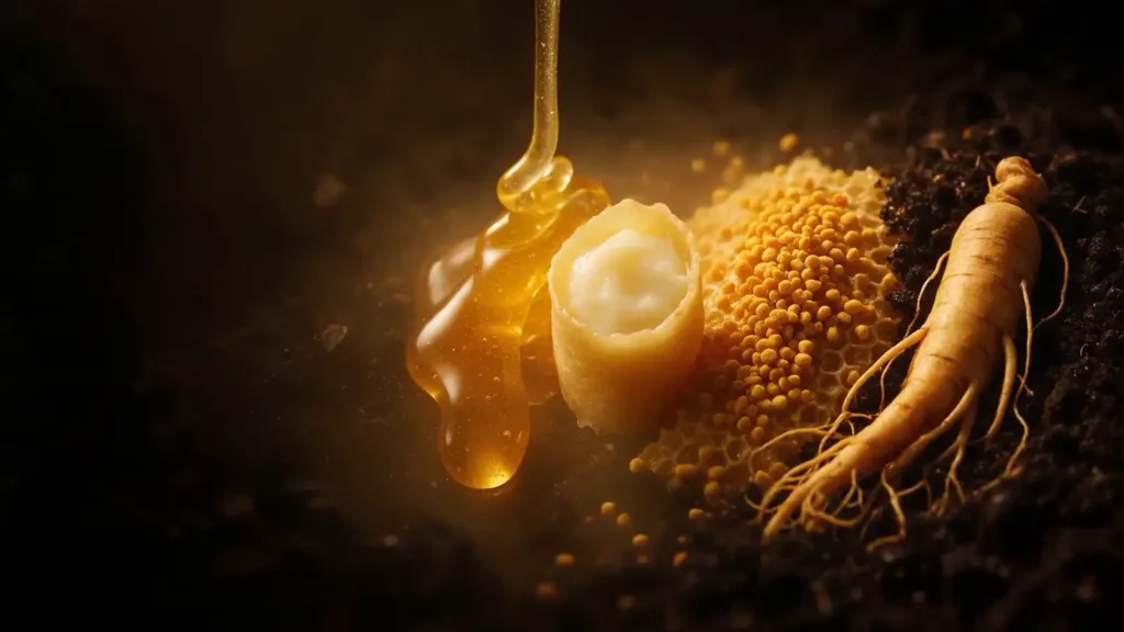 Honey, royal jelly in a wax cell, bee pollen and a ginseng root side by side in warm light
