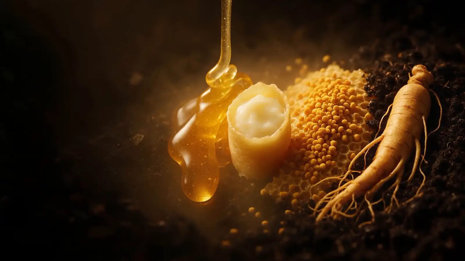 The four ingredients inside a honey pack: honey, royal jelly in a wax cell, bee pollen and a ginseng root