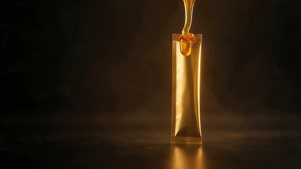 Thick honey pouring into a slim golden foil sachet on a dark surface