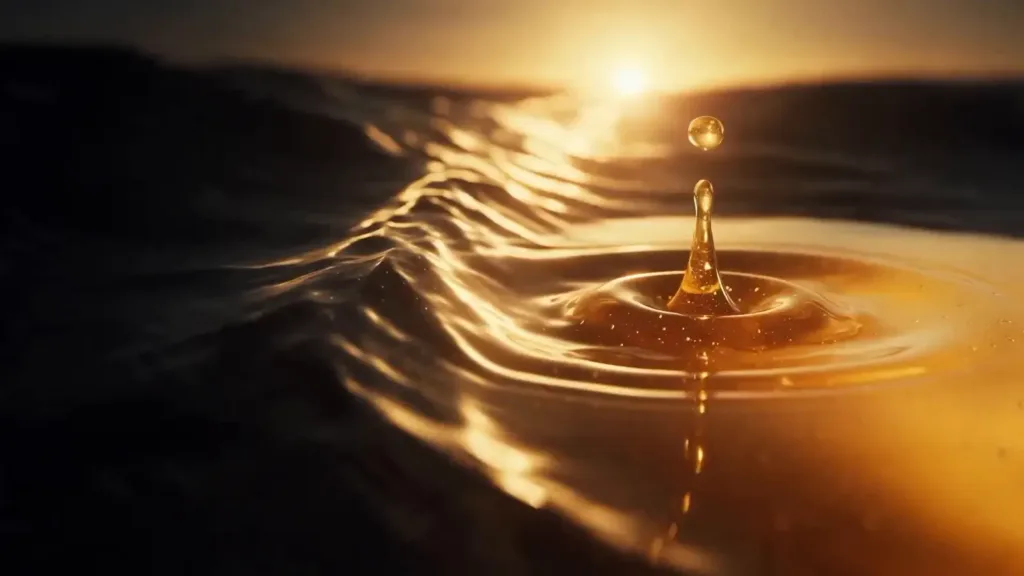 A drop of honey splashing into a pool of liquid gold at sunrise