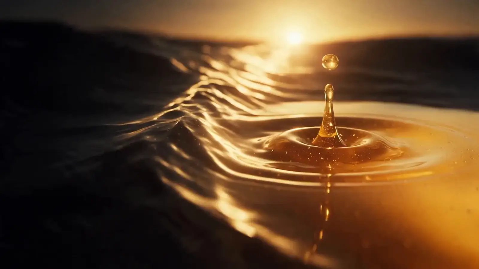 A drop of honey falling into a pool of liquid gold at sunrise