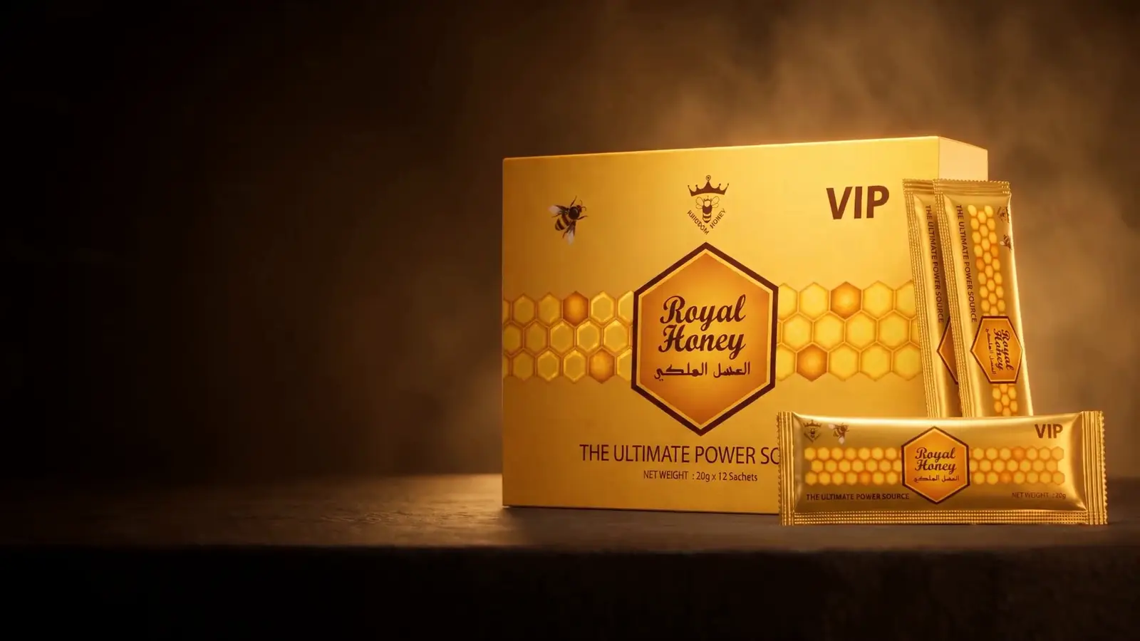 Royal Honey VIP 12 pack box with sachets on a dark shelf