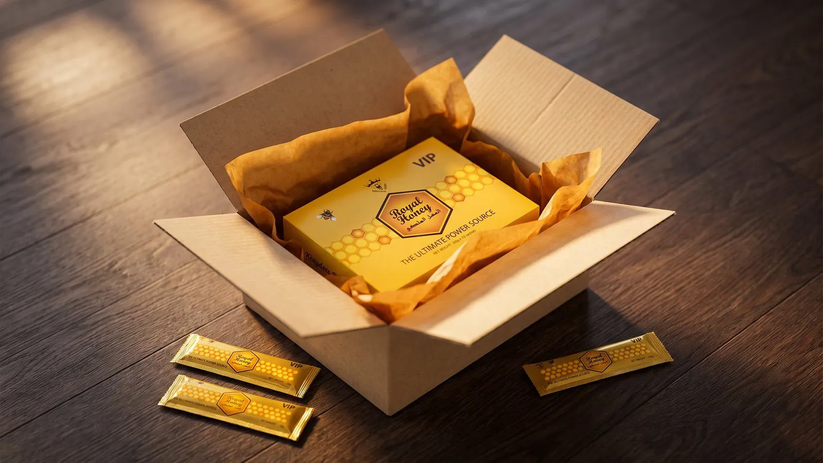 An opened shipping parcel on a wooden floor with a Royal Honey VIP 12-sachet box inside on amber tissue paper and loose sachets beside it
