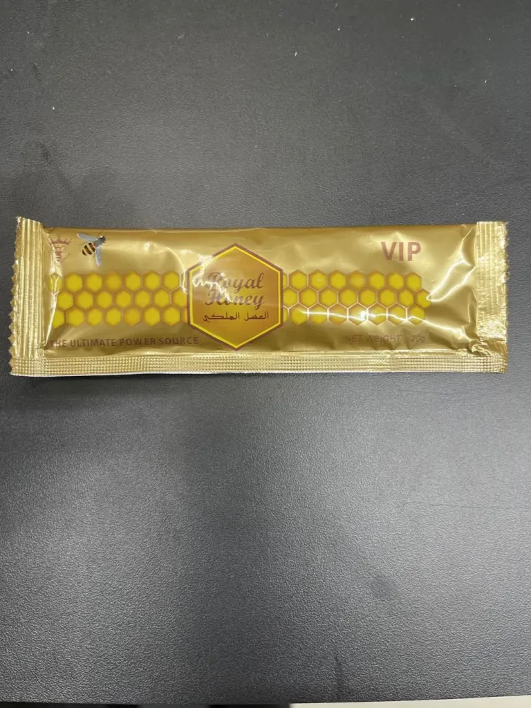 Customer photo: a single Royal Honey VIP sachet on a dark table
