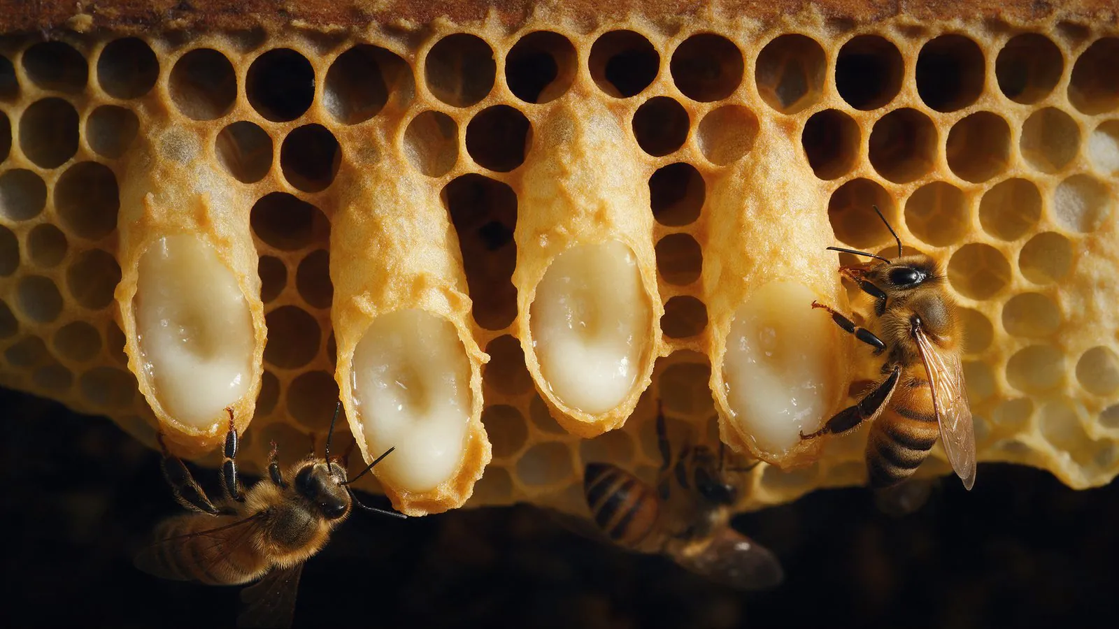 Close-up of honeybees tending queen cells filled with creamy royal jelly on a golden wax comb