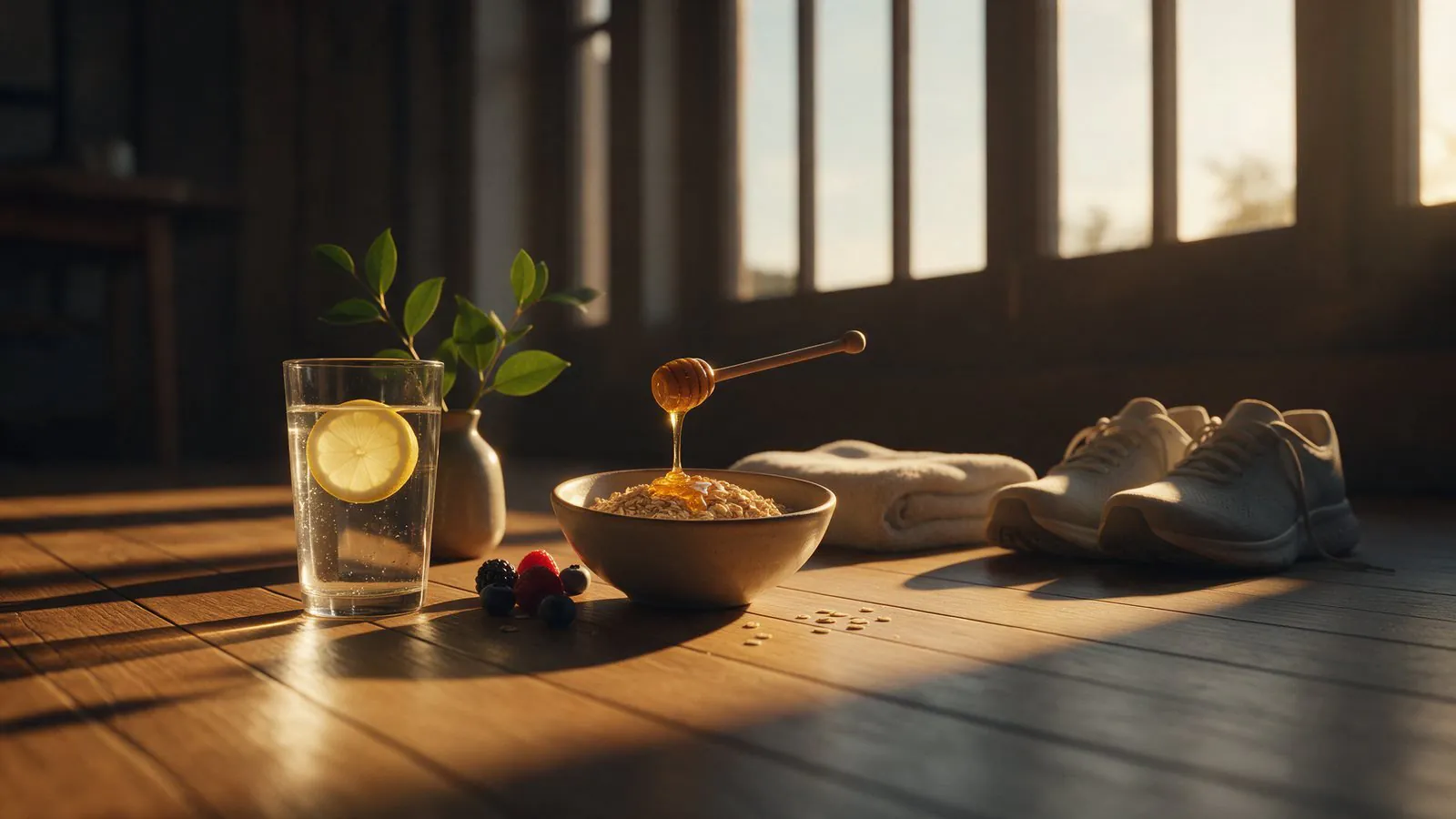 A glass of lemon water, a bowl of oats with honey, berries, a towel and running shoes on a wooden floor in morning sunlight