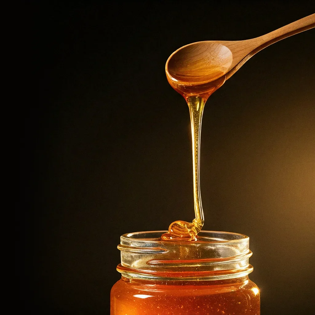 Honey pouring from a wooden spoon into a glass jar
