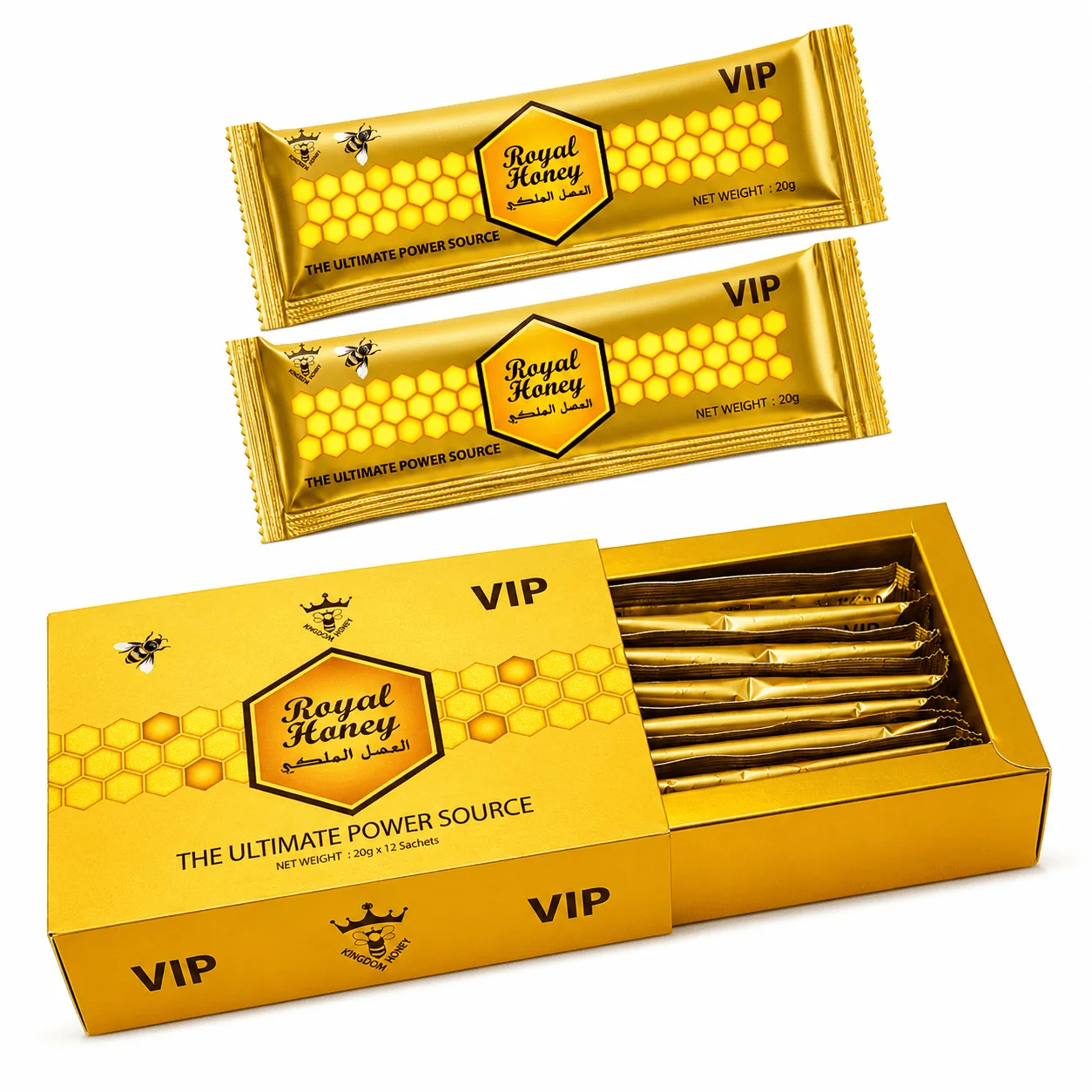 An open Royal Honey VIP box with its single-serve honey packs lined up inside