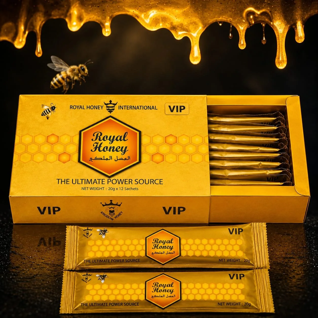 Royal Honey VIP 12 Pack for Men, open box with single-serve honey sachets