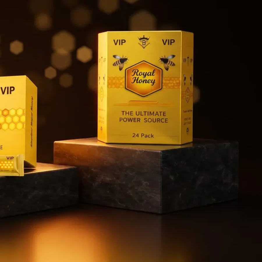 Royal Honey VIP 24 Pack box on a dark stone pedestal in warm light