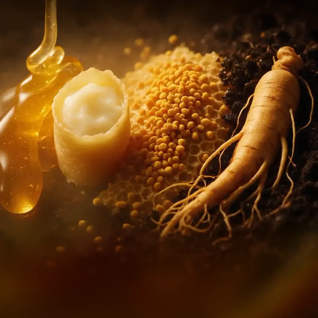 Honey, royal jelly in a wax cell, bee pollen and a ginseng root, the four ingredients of Royal Honey VIP