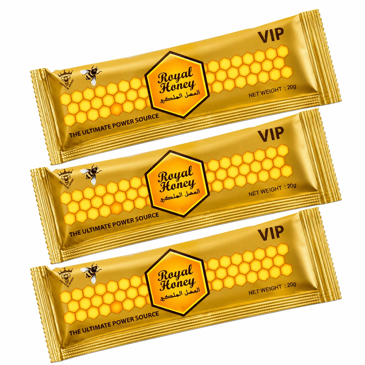 What is a honey pack: three sealed Royal Honey VIP packets lying side by side