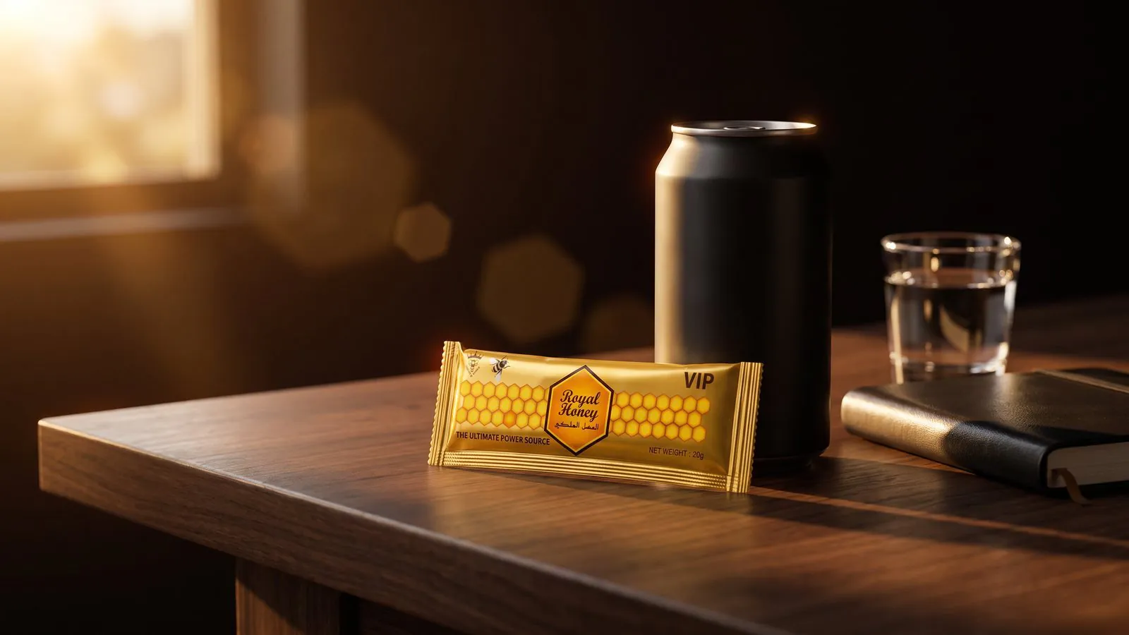 A Royal Honey VIP packet beside a plain black can, a glass of water and a notebook on a desk in the morning
