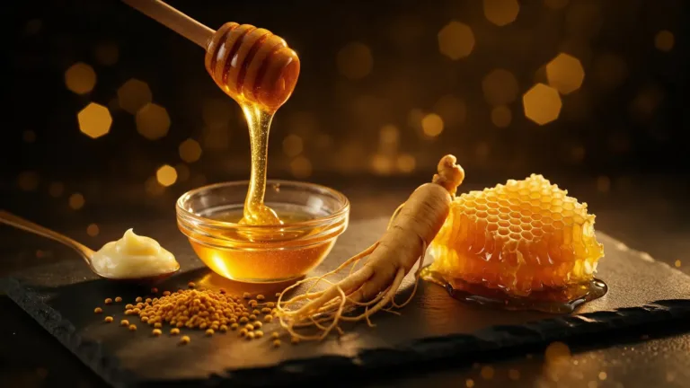 Honey pouring from a dipper into a glass bowl beside royal jelly on a spoon, bee pollen, a ginseng root and a piece of honeycomb on dark slate