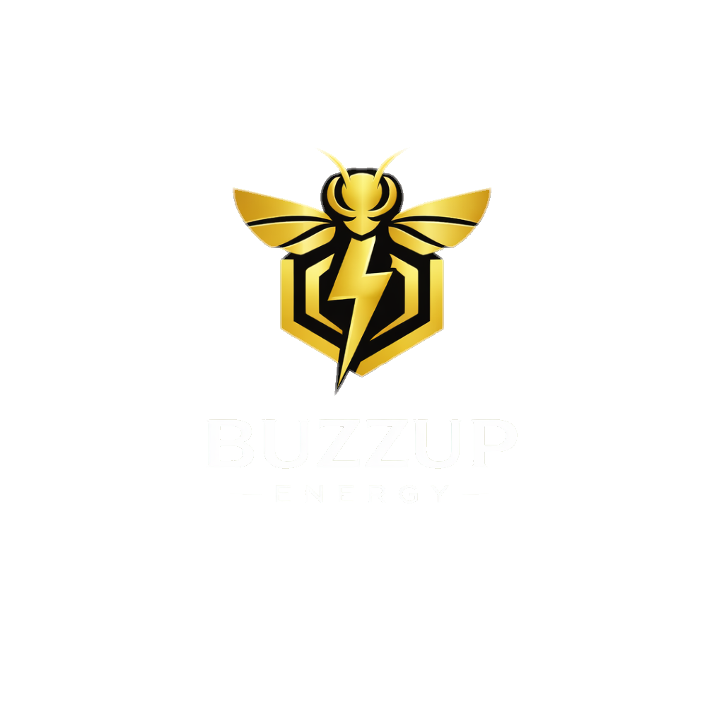 BuzzUp Energy Logo - Stylized golden bee and lightning bolt on a black background.